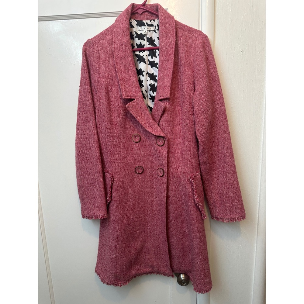 Cabi 176 Pink Tweed Wool Blend Fringed Double Breasted Coat Jacket Womens 12